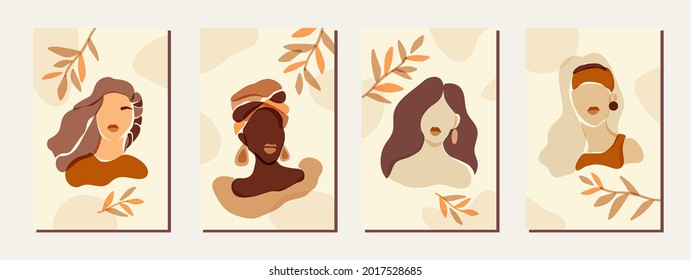 Vector female portrait posters wall art home decor. Boho aesthetics set. Minimalist female faces. Paper cut style diverse skin tones and hairstyle feminine bohemian women in soft brown neutral colors