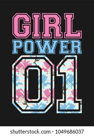 Vector female poster Girl Power with cute fashion pink and blue flowers and floral number 01 on dark background. Idea for design woman t shirt.  Feminist slogan for print