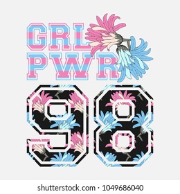 Vector female poster Girl Power with cute fashion pink and blue flowers and floral number 98. Idea for design woman t shirt.  Feminist slogan for print