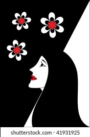 Vector female profile on black and white background with flowers