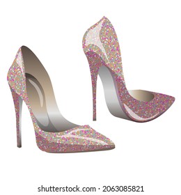 Vector Female Realistic Pumps With Sparkles Isolated On White Background. Shiny Pearlescent High Heel Shoes.