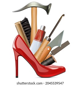 Vector Female Red Shoe With Cobbler Tools Isolated On White Background