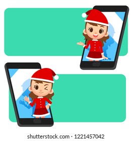 Vector female Santa Claus characters on mobile, smartphone application