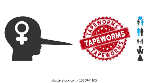 Vector female scammer icon and rubber round stamp seal with Tapeworms caption. Flat female scammer icon is isolated on a white background. Tapeworms stamp seal uses red color and rubber design.