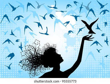 Vector female silhouette and birds