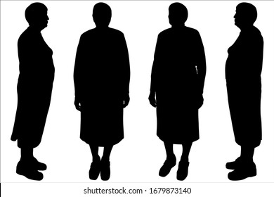 Vector Of A Female Silhouette Is In Different Positions. Grandmother. Set Of Four Silhouettes, Profile, Full Face, Half Side. Older Woman. Pensioner In A Skirt And A Short Haircut. Standing Up. Choir.