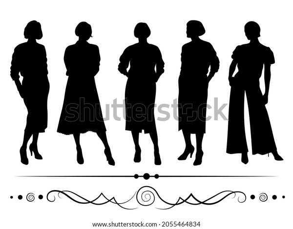 vector female silhouettes with dividers black\
on white background