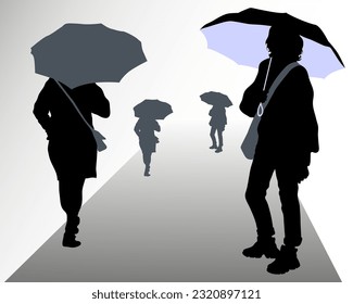 Vector female silhouettes with umbrellas and a bag over her shoulder. View of a woman with an umbrella from the back. A slender girl in jeans stands sideways.