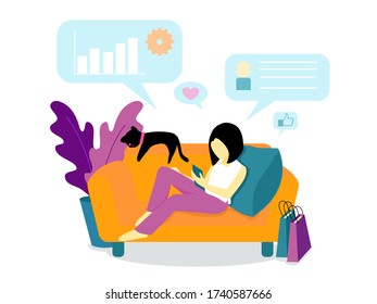 Vector female sit on sofa, with her black cat, searching online shopping, working, social network.