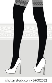 Vector Female slender legs in black fashionable glamour stockings and white shoes - illustration