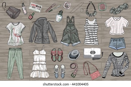 Vector female spring and summer fashion collection of clothes and accessories