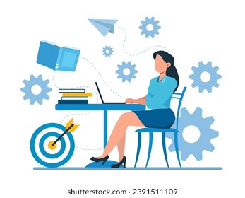 Vector of a female student studies reading books uses online resources 