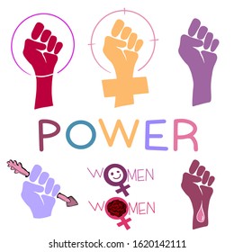 Vector female symbol, venus, hands. Hand-drawn lettering, girl power, . Symbolizes the feminine. Connected with women's rights, freedom, equality, etc. Easy to use for illustration.