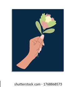 Vector female tender hand holds a flower. Hand drawn colored trendy vector illustration. Decorative design element on a fabric, birthday card. The concept of feminism and womens independence.