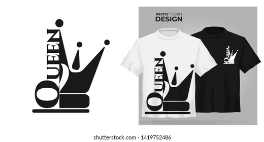Vector female t-shirt mock up set with flat icon queen with  princess crown silhouette. 3d realistic shirt template. Black and white girl tee mockup, front view design, woman royal pattern
