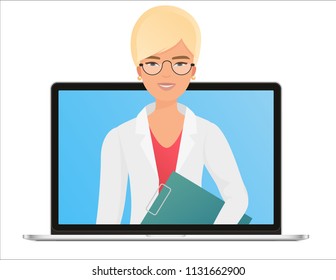 Vector Female woman Doctor with online medical consultation concept, Healthcare services. Ask a doctor online by laptop computer.