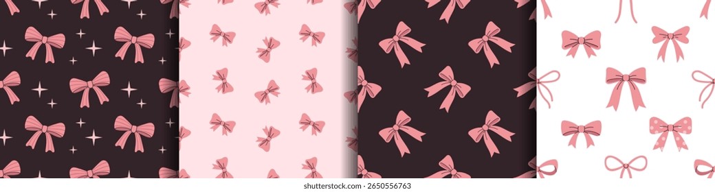 Vector feminine bow graphic collection. Set of pink seamless patterns for invitations, clothing, and gifts. Wrapping design. Bow backgrounds.