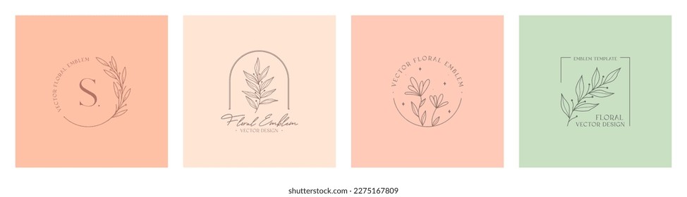 Emblemas florales vectoriales femeninas.Diseños elegantes con ramas y marcos lineales.Bandas botánicas modernas de estilo minimalista moderno.Modelos de diseño de boho de promoción de marca.