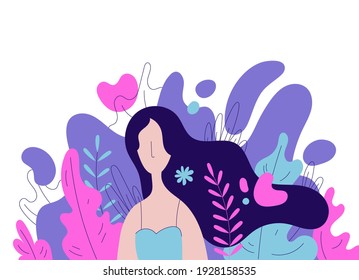 Vector feminine illustration. Woman with long hair among florals, leaves, flowers. Nature, spring banner