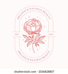 Vector feminine logo design illustration templates in trendy linear minimal style. Peony, rose flower and botanical leaf branch. Emblem, symbols and icons for cosmetics, beauty and handmade products