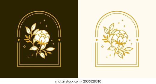 Vector feminine logo design illustration templates in trendy linear minimal style. Peony, rose flower and botanical leaf branch. Emblem, symbols and icons for cosmetics, beauty and handmade products