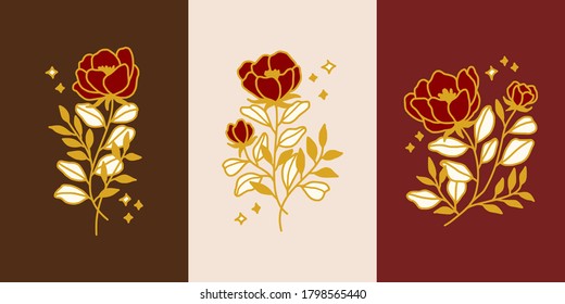 Vector feminine logo design template set in trendy linear minimal style. Peony, rose flowers and botanical leaf branch. Emblem, symbols and icons for cosmetics, jewellery, beauty and handmade products