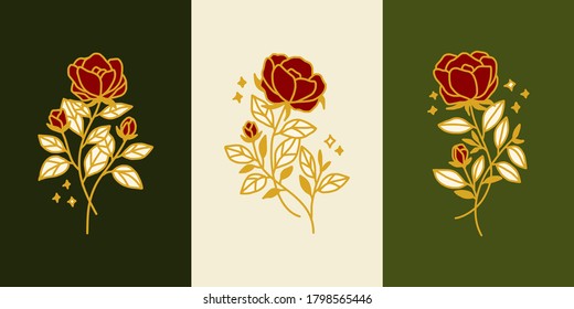 Vector feminine logo design template set in trendy linear minimal style. Peony, rose flowers and botanical leaf branch. Emblem, symbols and icons for cosmetics, jewellery, beauty and handmade products