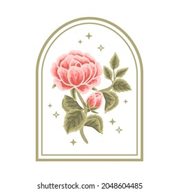 Vector feminine logo design template in trendy minimal style. Vintage orange rose bud, peony flowers and botanical leaf branch. Emblem, symbols and icons for cosmetics, beauty and handmade products