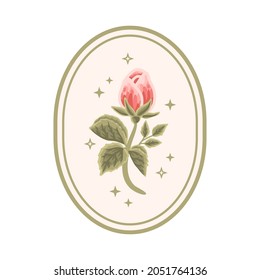 Vector feminine logo design template in trendy linear minimal style. Orange rose bud, peony flowers and botanical leaf branch. Emblem, symbols and icons for cosmetics, beauty and handmade products