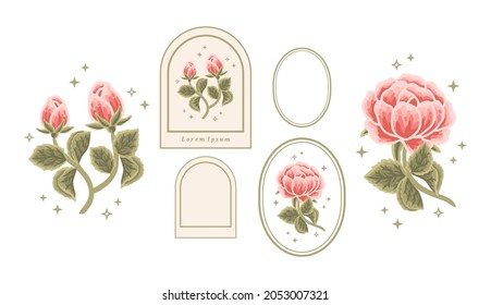 Vector feminine logo design template in trendy linear minimal style. Orange rose bud, peony flowers and botanical leaf branch. Emblem, symbols and icons for cosmetics, beauty and handmade products