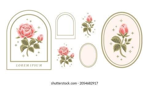 Vector feminine logo design template in trendy linear minimal style. Orange rose bud, peony flowers and botanical leaf branch. Emblem, symbols and icons for cosmetics, beauty and handmade products