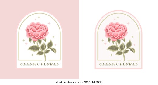 Plantilla de diseño de logotipo feminista vectorial en un estilo minimalista moderno. Peony, flor de rosa. rama de la hoja botánica. Ilustración floral para tarjetas de invitación, cosméticos, belleza y productos hechos a mano