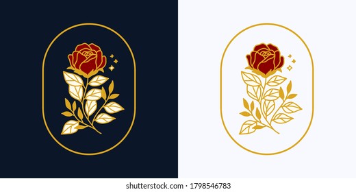 Vector feminine logo design templates in trendy linear minimal style. Peony, rose flowers and botanical leaf branch. Emblem, symbols and icons for cosmetics, jewellery, beauty and handmade products