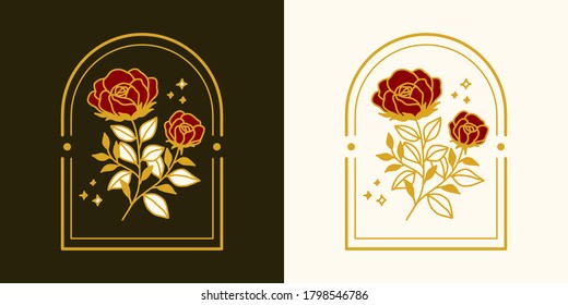 Vector feminine logo design templates in trendy linear minimal style. Peony, rose flowers and botanical leaf branch. Emblem, symbols and icons for cosmetics, jewellery, beauty and handmade products