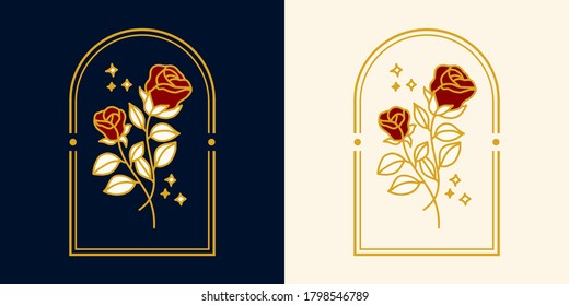Vector feminine logo design templates in trendy linear minimal style. Peony, rose flowers and botanical leaf branch. Emblem, symbols and icons for cosmetics, jewellery, beauty and handmade products