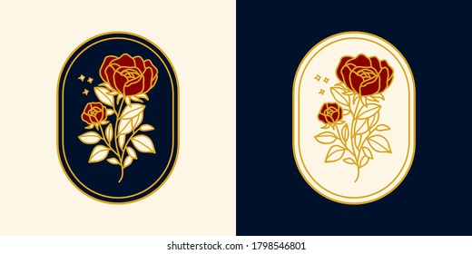 Vector feminine logo design templates in trendy linear minimal style. Peony, rose flowers and botanical leaf branch. Emblem, symbols and icons for cosmetics, jewellery, beauty and handmade products
