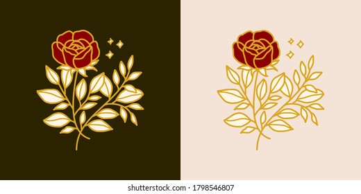 Vector feminine logo design templates in trendy linear minimal style. Peony, rose flowers and botanical leaf branch. Emblem, symbols and icons for cosmetics, jewellery, beauty and handmade products
