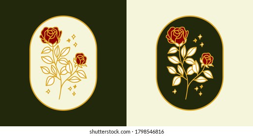 Modelos de diseño de logotipo feminista vectorial en estilo minimalista lineal de moda. Peonía, flores de rosa y rama de hojas botánicas. Emblema, símbolos e íconos para cosméticos, joyas, belleza y productos hechos a mano