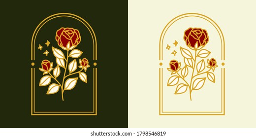 Vectorfeminine Logo Design Vorlagen im trendigen minimalistischen Stil. Peony, Rosenblumen und botanischer Laubzweig. Embleme, Symbole und Symbole für Kosmetik, Schmuck, Schönheit und handgemachte Produkte