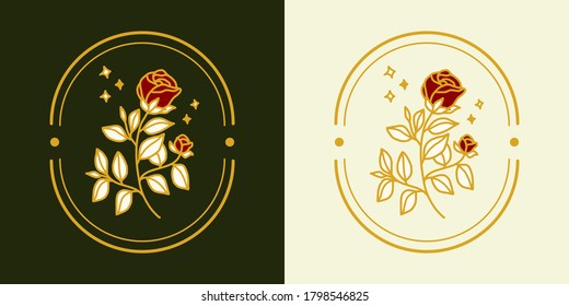 Vector feminine logo design templates in trendy linear minimal style. Peony, rose flowers and botanical leaf branch. Emblem, symbols and icons for cosmetics, jewellery, beauty and handmade products