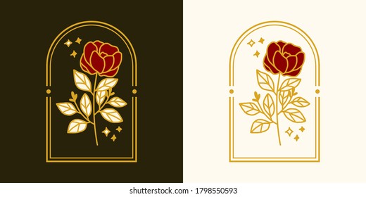 Vector feminine logo design templates in trendy linear minimal style. Peony, rose flowers and botanical leaf branch. Emblem, symbols and icons for cosmetics, jewellery, beauty and handmade products