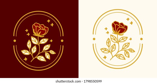Vector feminine logo design templates in trendy linear minimal style. Peony, rose flowers and botanical leaf branch. Emblem, symbols and icons for cosmetics, jewellery, beauty and handmade products