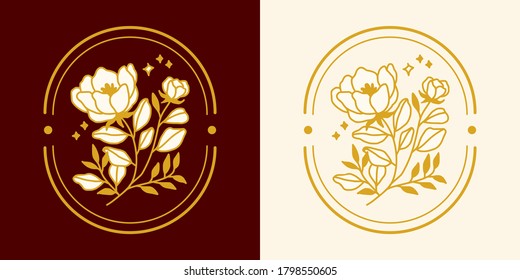Vector feminine logo design templates in trendy linear minimal style. Peony, rose flowers and botanical leaf branch. Emblem, symbols and icons for cosmetics, jewellery, beauty and handmade products