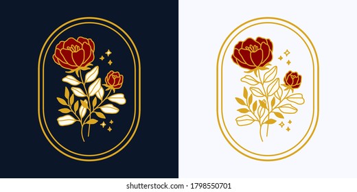 Vector feminine logo design templates in trendy linear minimal style. Peony, rose flowers and botanical leaf branch. Emblem, symbols and icons for cosmetics, jewellery, beauty and handmade products