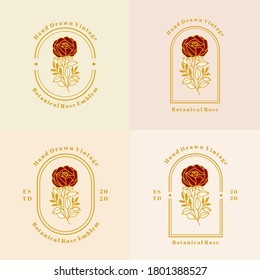 Modelos de diseño de logotipo feminista vectorial en estilo minimalista lineal de moda. Flores de rosa. Símbolos y emblemas para cosméticos, joyas, belleza y productos hechos a mano