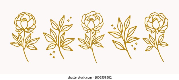 Vector feminine logo design templates in trendy linear minimal style. Peony flowers and botanical leaf branch. Symbols and icons for cosmetics, jewellery, beauty and handmade products