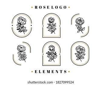 Modelos de diseño de logotipo feminista vectorial en estilo minimalista lineal de moda. Peonía, flores de rosa y rama de hojas botánicas. Emblema, símbolos e íconos para cosméticos, joyas, belleza y productos hechos a mano