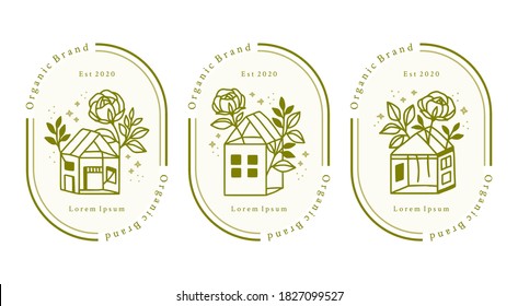 Vector feminine logo design templates in trendy linear minimal style. Home, house, rose flowers and botanical leaf branch. Emblem, symbols and icons for cosmetics, spa, beauty and handmade products