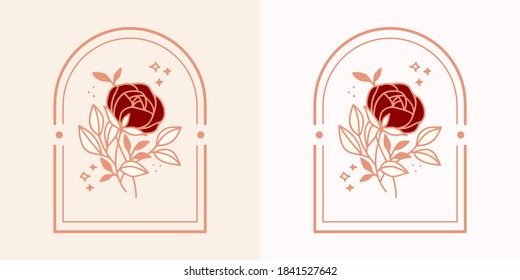 Modelos de diseño de logotipo feminista vectorial en estilo minimalista lineal de moda. Peonía, flores de rosa y rama de hojas botánicas. Emblema, símbolos e íconos para cosméticos, joyas, belleza y productos hechos a mano