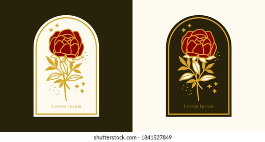 Vector feminine logo design templates in trendy linear minimal style. Peony, rose flowers and botanical leaf branch. Emblem, symbols and icons for cosmetics, jewellery, beauty and handmade products